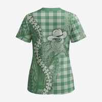 Green Hawaii Palaka Cowboy Turtle Scrub Top Hawaiian Paniolo Puakenikeni Maile Lei DT05 - Polynesian Pride