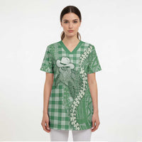 Green Hawaii Palaka Cowboy Turtle Scrub Top Hawaiian Paniolo Puakenikeni Maile Lei DT05 - Polynesian Pride