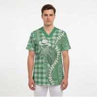 Green Hawaii Palaka Cowboy Turtle Scrub Top Hawaiian Paniolo Puakenikeni Maile Lei DT05 - Polynesian Pride