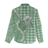 Green Hawaii Palaka Cowboy Turtle Women Casual Shirt Hawaiian Paniolo Puakenikeni Maile Lei - Polynesian Pride
