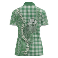 Green Hawaii Palaka Cowboy Turtle Women Polo Shirt Hawaiian Paniolo Puakenikeni Maile Lei - Polynesian Pride