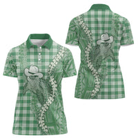 Green Hawaii Palaka Cowboy Turtle Women Polo Shirt Hawaiian Paniolo Puakenikeni Maile Lei - Polynesian Pride
