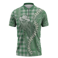 Green Hawaii Palaka Cowboy Turtle Zipper Polo Shirt Hawaiian Paniolo Puakenikeni Maile Lei - Polynesian Pride