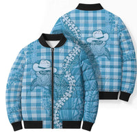 Blue Hawaii Palaka Cowboy Turtle Bomber Puffer Jacket Hawaiian Paniolo Puakenikeni Maile Lei - Polynesian Pride