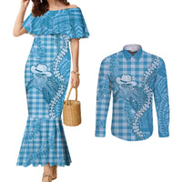 Blue Hawaii Palaka Cowboy Turtle Couples Matching Mermaid Dress and Long Sleeve Button Shirt Hawaiian Paniolo Puakenikeni Maile Lei DT05 Blue - Polynesian Pride