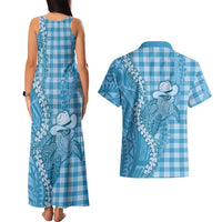 Blue Hawaii Palaka Cowboy Turtle Couples Matching Tank Maxi Dress and Hawaiian Shirt Hawaiian Paniolo Puakenikeni Maile Lei - Polynesian Pride