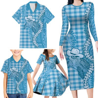 Blue Hawaii Palaka Cowboy Turtle Family Matching Long Sleeve Bodycon Dress and Hawaiian Shirt Hawaiian Paniolo Puakenikeni Maile Lei - Polynesian Pride
