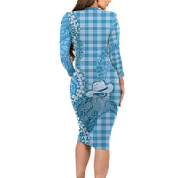 Blue Hawaii Palaka Cowboy Turtle Family Matching Long Sleeve Bodycon Dress and Hawaiian Shirt Hawaiian Paniolo Puakenikeni Maile Lei - Polynesian Pride