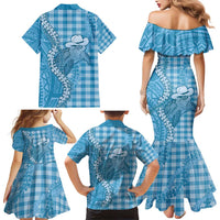 Blue Hawaii Palaka Cowboy Turtle Family Matching Mermaid Dress and Hawaiian Shirt Hawaiian Paniolo Puakenikeni Maile Lei - Polynesian Pride