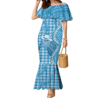 Blue Hawaii Palaka Cowboy Turtle Family Matching Mermaid Dress and Hawaiian Shirt Hawaiian Paniolo Puakenikeni Maile Lei - Polynesian Pride