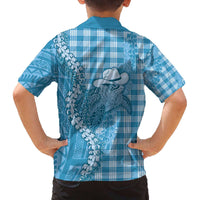 Blue Hawaii Palaka Cowboy Turtle Family Matching Off The Shoulder Long Sleeve Dress and Hawaiian Shirt Hawaiian Paniolo Puakenikeni Maile Lei - Polynesian Pride
