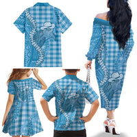 Blue Hawaii Palaka Cowboy Turtle Family Matching Off The Shoulder Long Sleeve Dress and Hawaiian Shirt Hawaiian Paniolo Puakenikeni Maile Lei - Polynesian Pride