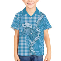 Blue Hawaii Palaka Cowboy Turtle Family Matching Off The Shoulder Long Sleeve Dress and Hawaiian Shirt Hawaiian Paniolo Puakenikeni Maile Lei - Polynesian Pride