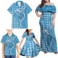 Blue Hawaii Palaka Cowboy Turtle Family Matching Off Shoulder Maxi Dress and Hawaiian Shirt Hawaiian Paniolo Puakenikeni Maile Lei - Polynesian Pride