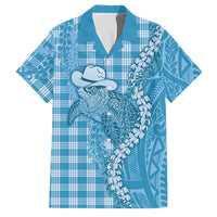 Blue Hawaii Palaka Cowboy Turtle Family Matching Off Shoulder Maxi Dress and Hawaiian Shirt Hawaiian Paniolo Puakenikeni Maile Lei - Polynesian Pride