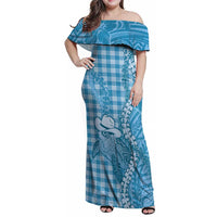 Blue Hawaii Palaka Cowboy Turtle Family Matching Off Shoulder Maxi Dress and Hawaiian Shirt Hawaiian Paniolo Puakenikeni Maile Lei - Polynesian Pride