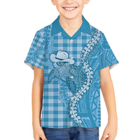 Blue Hawaii Palaka Cowboy Turtle Family Matching Off Shoulder Maxi Dress and Hawaiian Shirt Hawaiian Paniolo Puakenikeni Maile Lei - Polynesian Pride