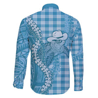 Blue Hawaii Palaka Cowboy Turtle Family Matching Off Shoulder Short Dress and Hawaiian Shirt Hawaiian Paniolo Puakenikeni Maile Lei - Polynesian Pride