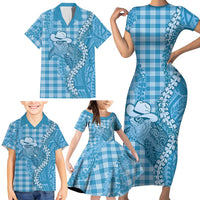 Blue Hawaii Palaka Cowboy Turtle Family Matching Short Sleeve Bodycon Dress and Hawaiian Shirt Hawaiian Paniolo Puakenikeni Maile Lei - Polynesian Pride