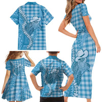 Blue Hawaii Palaka Cowboy Turtle Family Matching Short Sleeve Bodycon Dress and Hawaiian Shirt Hawaiian Paniolo Puakenikeni Maile Lei - Polynesian Pride