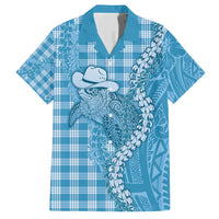 Blue Hawaii Palaka Cowboy Turtle Family Matching Short Sleeve Bodycon Dress and Hawaiian Shirt Hawaiian Paniolo Puakenikeni Maile Lei - Polynesian Pride