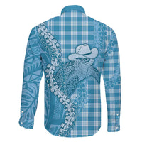 Blue Hawaii Palaka Cowboy Turtle Family Matching Short Sleeve Bodycon Dress and Hawaiian Shirt Hawaiian Paniolo Puakenikeni Maile Lei - Polynesian Pride