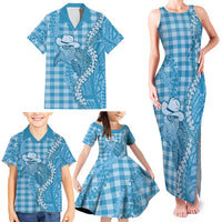 Blue Hawaii Palaka Cowboy Turtle Family Matching Tank Maxi Dress and Hawaiian Shirt Hawaiian Paniolo Puakenikeni Maile Lei - Polynesian Pride