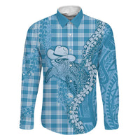 Blue Hawaii Palaka Cowboy Turtle Family Matching Tank Maxi Dress and Hawaiian Shirt Hawaiian Paniolo Puakenikeni Maile Lei - Polynesian Pride