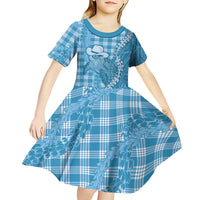 Blue Hawaii Palaka Cowboy Turtle Kid Short Sleeve Dress Hawaiian Paniolo Puakenikeni Maile Lei - Polynesian Pride