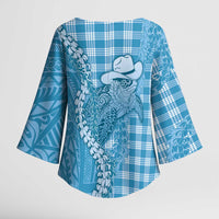 Blue Hawaii Palaka Cowboy Turtle Kimono Sleeve Blouse Hawaiian Paniolo Puakenikeni Maile Lei - Polynesian Pride