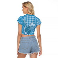 Blue Hawaii Palaka Cowboy Turtle Raglan Cropped T Shirt Hawaiian Paniolo Puakenikeni Maile Lei - Polynesian Pride