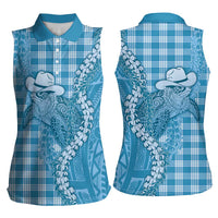 Blue Hawaii Palaka Cowboy Turtle Women Sleeveless Polo Shirt Hawaiian Paniolo Puakenikeni Maile Lei - Polynesian Pride