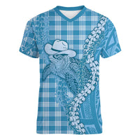 Blue Hawaii Palaka Cowboy Turtle Women V-Neck T-Shirt Hawaiian Paniolo Puakenikeni Maile Lei - Polynesian Pride