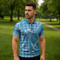 Blue Hawaii Palaka Cowboy Turtle Zipper Polo Shirt Hawaiian Paniolo Puakenikeni Maile Lei - Polynesian Pride