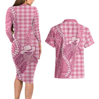 Pink Hawaii Palaka Cowboy Turtle Couples Matching Long Sleeve Bodycon Dress and Hawaiian Shirt Hawaiian Paniolo Puakenikeni Maile Lei - Polynesian Pride