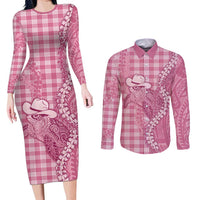 Pink Hawaii Palaka Cowboy Turtle Couples Matching Long Sleeve Bodycon Dress and Long Sleeve Button Shirt Hawaiian Paniolo Puakenikeni Maile Lei - Polynesian Pride