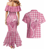 Pink Hawaii Palaka Cowboy Turtle Couples Matching Mermaid Dress and Hawaiian Shirt Hawaiian Paniolo Puakenikeni Maile Lei - Polynesian Pride