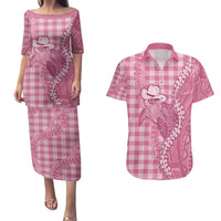 Pink Hawaii Palaka Cowboy Turtle Couples Matching Puletasi and Hawaiian Shirt Hawaiian Paniolo Puakenikeni Maile Lei - Polynesian Pride