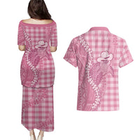 Pink Hawaii Palaka Cowboy Turtle Couples Matching Puletasi and Hawaiian Shirt Hawaiian Paniolo Puakenikeni Maile Lei - Polynesian Pride