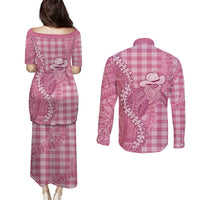 Pink Hawaii Palaka Cowboy Turtle Couples Matching Puletasi and Long Sleeve Button Shirt Hawaiian Paniolo Puakenikeni Maile Lei - Polynesian Pride
