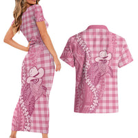 Pink Hawaii Palaka Cowboy Turtle Couples Matching Short Sleeve Bodycon Dress and Hawaiian Shirt Hawaiian Paniolo Puakenikeni Maile Lei - Polynesian Pride