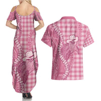 Pink Hawaii Palaka Cowboy Turtle Couples Matching Summer Maxi Dress and Hawaiian Shirt Hawaiian Paniolo Puakenikeni Maile Lei - Polynesian Pride