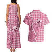 Pink Hawaii Palaka Cowboy Turtle Couples Matching Tank Maxi Dress and Hawaiian Shirt Hawaiian Paniolo Puakenikeni Maile Lei - Polynesian Pride