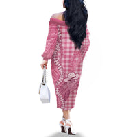 Pink Hawaii Palaka Cowboy Turtle Family Matching Off The Shoulder Long Sleeve Dress and Hawaiian Shirt Hawaiian Paniolo Puakenikeni Maile Lei - Polynesian Pride