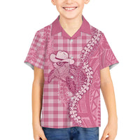 Pink Hawaii Palaka Cowboy Turtle Family Matching Off The Shoulder Long Sleeve Dress and Hawaiian Shirt Hawaiian Paniolo Puakenikeni Maile Lei - Polynesian Pride