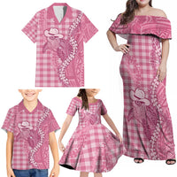 Pink Hawaii Palaka Cowboy Turtle Family Matching Off Shoulder Maxi Dress and Hawaiian Shirt Hawaiian Paniolo Puakenikeni Maile Lei - Polynesian Pride