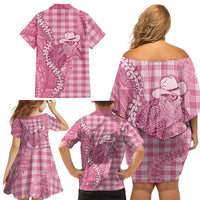 Pink Hawaii Palaka Cowboy Turtle Family Matching Off Shoulder Short Dress and Hawaiian Shirt Hawaiian Paniolo Puakenikeni Maile Lei - Polynesian Pride