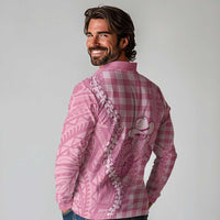 Pink Hawaii Palaka Cowboy Turtle Long Sleeve Polo Shirt Hawaiian Paniolo Puakenikeni Maile Lei - Polynesian Pride
