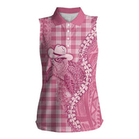 Pink Hawaii Palaka Cowboy Turtle Women Sleeveless Polo Shirt Hawaiian Paniolo Puakenikeni Maile Lei - Polynesian Pride