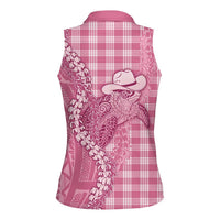 Pink Hawaii Palaka Cowboy Turtle Women Sleeveless Polo Shirt Hawaiian Paniolo Puakenikeni Maile Lei - Polynesian Pride